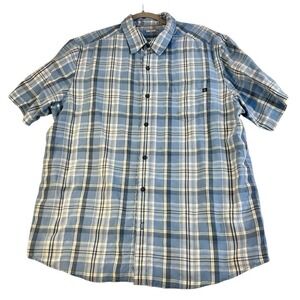 Marmot Logo Button Up Pocket Light Blue Grey Plaid Short Sleeve Mens Shirt XXL
